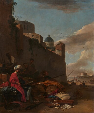 A Mediterranean harbour scene with a seated merchant | Hafen am Mittelmeer mit sitzendem Kaufmann