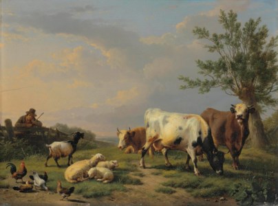 A Farmer with three Cows, three Sheep, one Goat and five Chickens in a Landscape