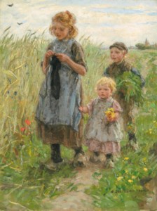 Three Children Walking in a Field