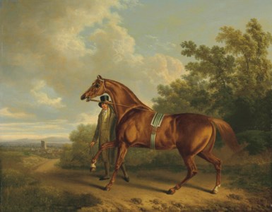 A Chestnut Hunter and his Groom in a Landscape