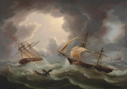 Loss of H.M.S.'s Blenheim and Java in a Hurricane off Rodriguez; the Brig Harrier Escaping, February 1807