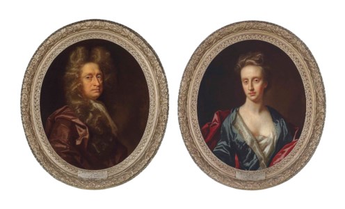 Portrait of Henry Mytton of Shipton (1626-1688), half-length, in an ochre coat and mantle and a lace jabot; and Portrait of Elizabeth Mytton (1630-1716), daughter of Thomas Powys and wife of Henry Mytton, half-length, in a blue dress with gold and cream lining and a red wrap