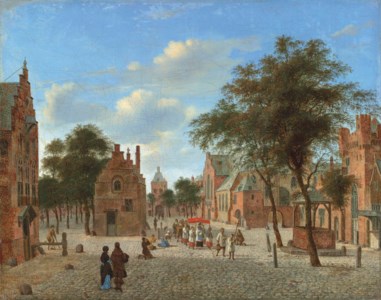 A view of a town square, with a procession during the Feast of Corpus Christi and figures kneeling before the Host