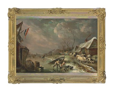 A frozen river landscape, with skaters and children on the ice, pigs and a wagon on a road by a cottage