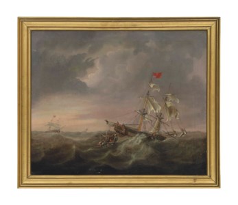 An English flagship caught in stormy seas with lifeboats and other ships