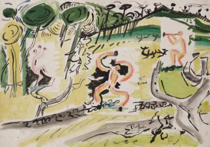 Trois faunes dansant dans un paysage