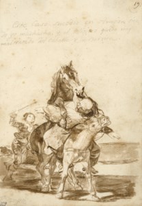 A horse covering a she-donkey, while straddling a monk riding it