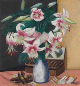Stilleben mit Türkenbund (Blumen mit Zigarrenkiste)