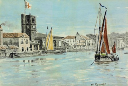 View of Chelsea Old Church from across the River Thames at Chelsea Reach