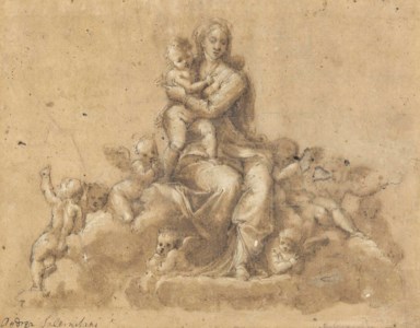 The Madonna and Child surrounded by cherubs on clouds