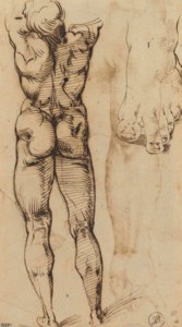 Study of a standing male nude seen from behind, with a subsidiary study of a foot ( recto ); Two studies of an arm and a male face in three-quarter view ( verso )
