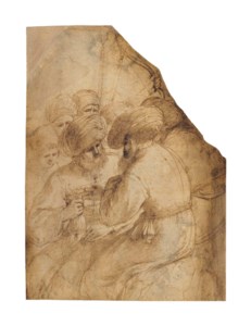 A group of turbaned men, one holding a small pouch, another in the background with a bow and arrow