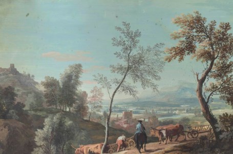An extensive river landscape with a drover and a traveller in the foreground