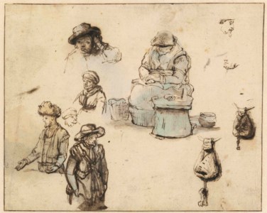A sheet of figure studies, with subsidiary studies of a bag and keys