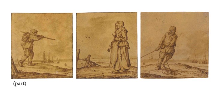 Studies of fishermen and a fisherwoman toiling on the shore, with fishing vessels in the distance