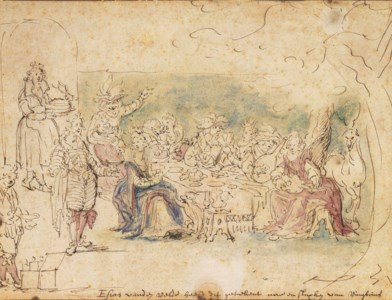 A banquet before an arbor with elegant company eating and merrymaking, after David Vinckboons