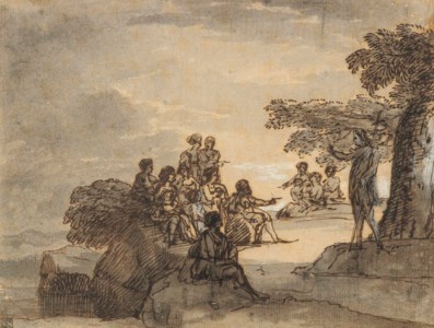 Saint John the Baptist preaching in a rocky landscape