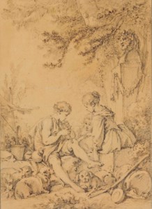 A young shepherd playing a pipe for two young shepherdesses