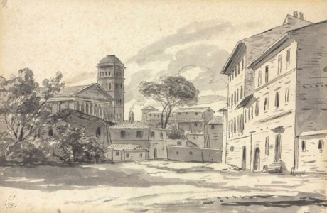 A Roman village with a temple and tower at left