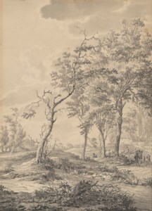 Paysage arboré avec paysans et charrette