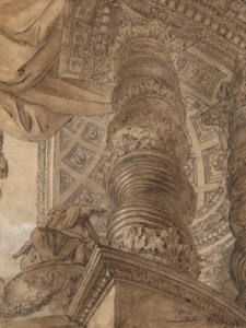Caprice architectural avec une colonne salomonique, un plafond à caissons et la statue d’un général