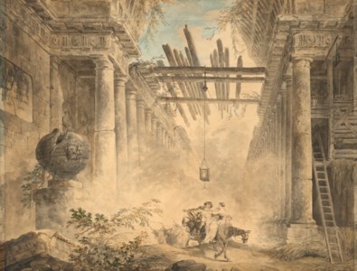 Galerie en ruines avec un couple à cheval au centre