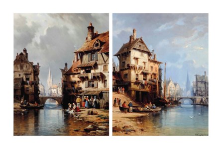 Preparing the boat at the water's edge; and Washing clothes at the river