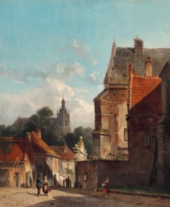 Figures conversing in a Dutch street