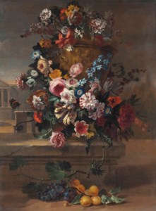 Roses, tulips, peonies, carnations, morning glory, thistle and other flowers with butterflies and a bumblebee, in a sculpted urn on a stone ledge with grapes and apricots, a classical villa beyond