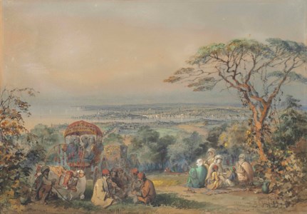 Figures gathered in Scutari, Constantinople, the Golden Horn beyond