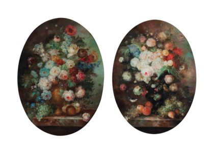Flowers in an urn with a bird on a stone ledge; and Flowers in an urn with pomegranates on a stone ledge