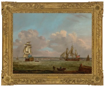 Men-o'war anchored in the Hamoaze, Plymouth docks and coastline beyond