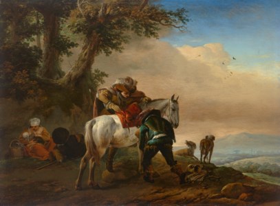A hunter saddling his horse and a shepherd family, an extensive landscape beyond