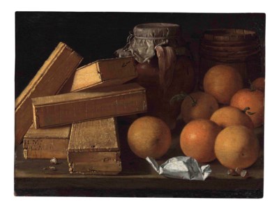 Luis Meléndez, Oranges, nuts, spices, boxes of sweetmeats, a jug and a cask on a table