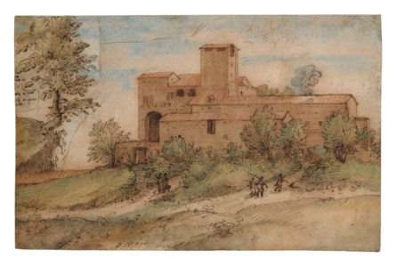 View of a monastery with figures approaching on a road
