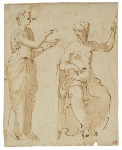 Two female figures, one standing and holding a dish and one seated