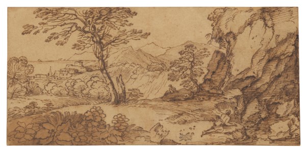 Figures by a track in a rocky landscape near the coast