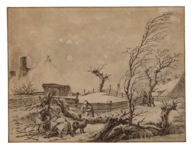 A winter landscape with peasants cutting wood