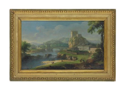 A river landscape, with figures fishing and travellers on a path, a castle and mountains beyond