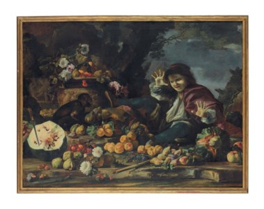 Roses, peaches, apples and melons on a rocky ledge, in a wooded landscape, with a young boy startled by a monkey