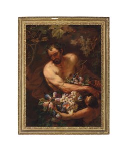 Bacchus surrounded by grapevines, attended by a satyr carrying a basket of grapes and figs
