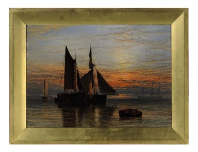 Shipping on a calm sea at dusk
