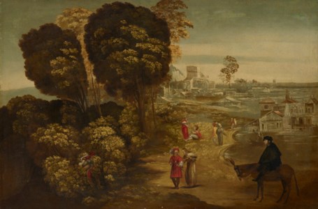 A river landscape with figures on a road and a village in the distance