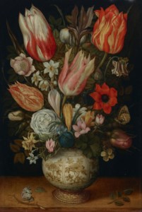 Tulips, roses, narcissi, daffodils, crocuses, an iris, a poppy and other flowers in a gilt mounted porcelain vase on a ledge, with a queen of spain fritillary, a white ermine and a magpie butterfly