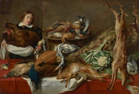 Frans Snyders, A boy in a pantry holding a boar's head, with pheasant, peacocks, quail, rabbits, a doe, other game, cauliflowers, and artichokes displayed on a table