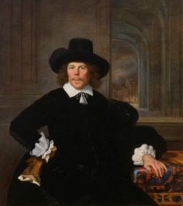 Portrait of a gentleman before a draped table, three-quarter-length, a landscape beyond
