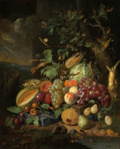 Cantaloupe, peaches, grapes, plums and other fruit and vegetables with insects on a forest floor