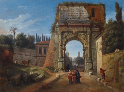 The Arch of Titus, Rome, with figures strolling amongst ruins