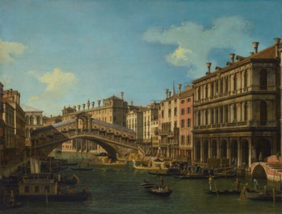 The Rialto Bridge, Venice, from the south with an embarkation, traditionally identified as the Prince of Saxony during his visit to Venice in 1740