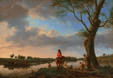 A river landscape at dusk, with a horseman and other figures waiting for a ferry on a riverbank